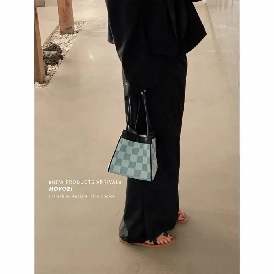 

Women's bag women's 2021 new trend fashion versatile canvas checkerboard bucket bag women's summer niche Design Handbag