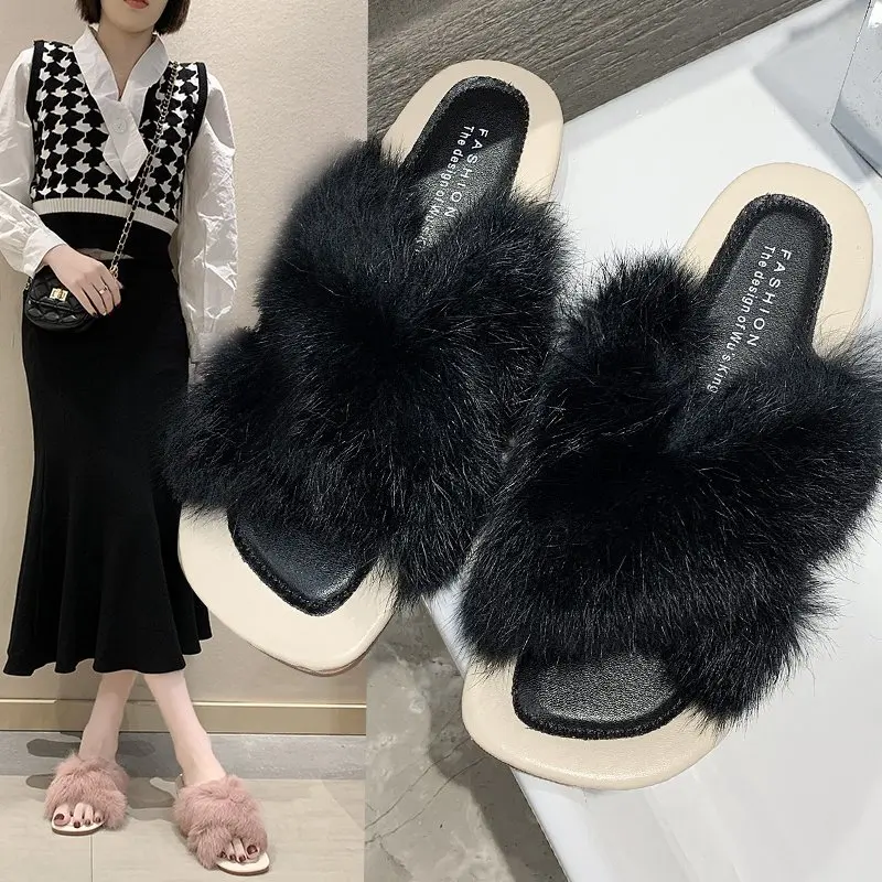 

Flat Shoes Ladies Slippers Shoes with Plush Warm Fluffy Slippers Women's Comfortable Faux Fur Indoor Floor Slippers Flat Shoes