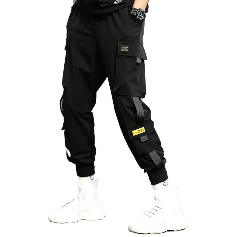 

Pants Men Casual Elastic Waistband Ankle Tied Pockets Cargo Pants Drawstring Trousers