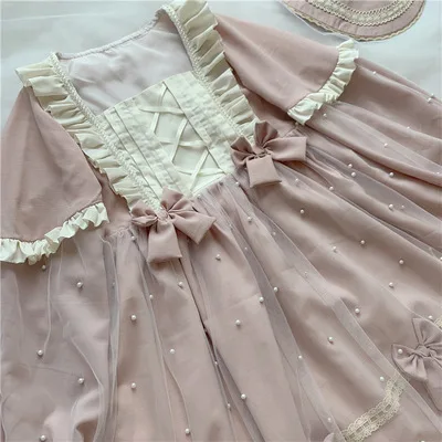 Pink Dress 2 вида цветов, осенне-зимнее женское платье Лолита с высокой талией, милое роскошное платье ручной работы с бантом и жемчугом, сарафан Лолита, платье с длинными рукавами - Цвет: Pink Dress