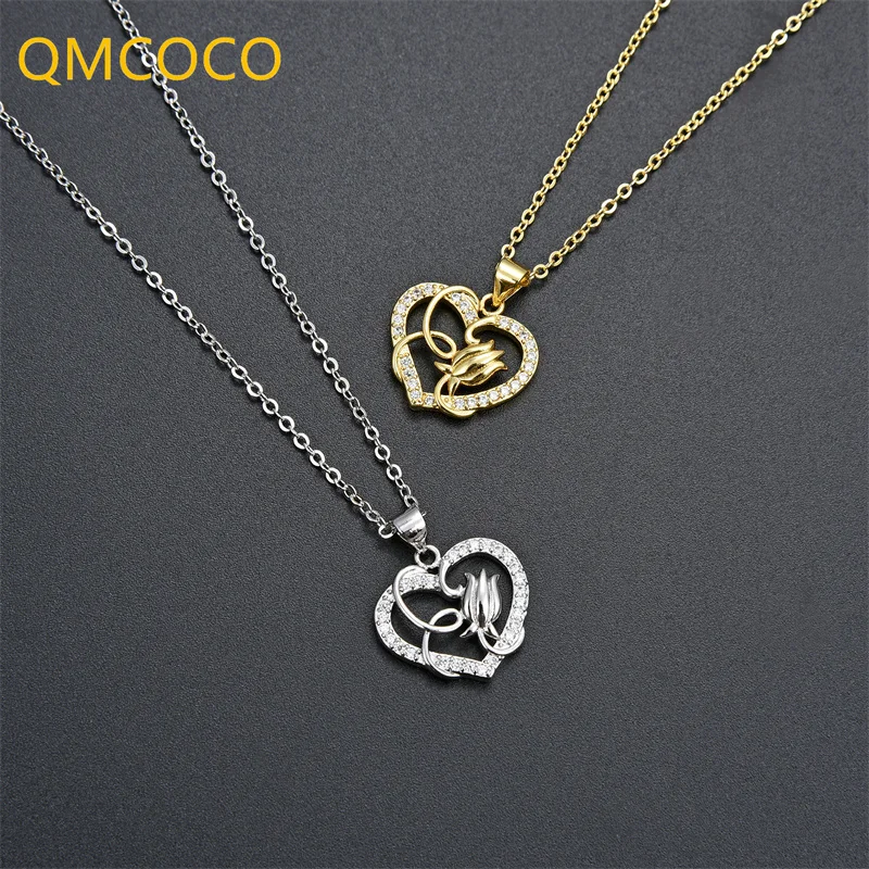 

QMCOCO Серебряный цветной Цирконий сердце роза кулон ожерелье для женщин Модный темперамент романтическая цепочка до ключиц изысканные аксес...