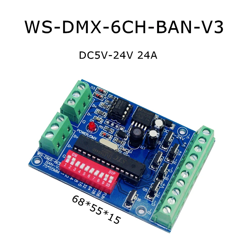 6CH Controller DMX512 Constant Pressure Plate Common For Strip Module Dump Node 5V~24V Decoder WS-DMX-6CH-BAN-V3