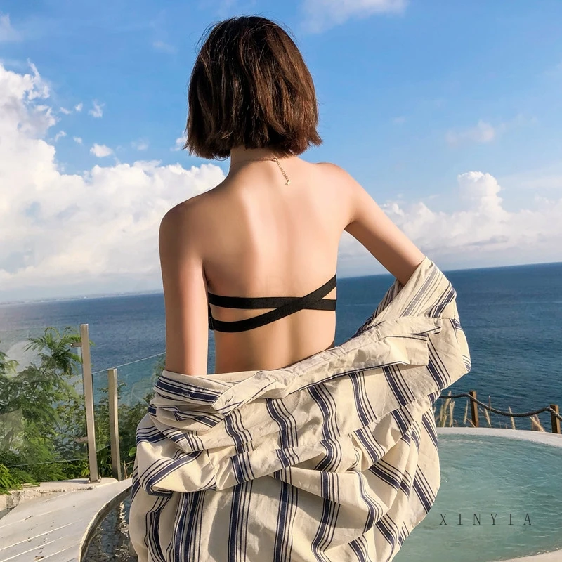 

One-piece Seamless Skid Underwear Strapless Elastic Cross Strap Push Up Non-slip Bra Backless