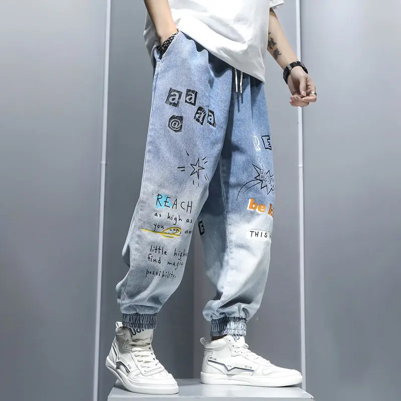 Graffiti Printing Jeans Men's Gradient Hip Hop Trousers Harem Cartoon Loose Casual Ankle Banded Pants Cargo Denim Jeans for Men