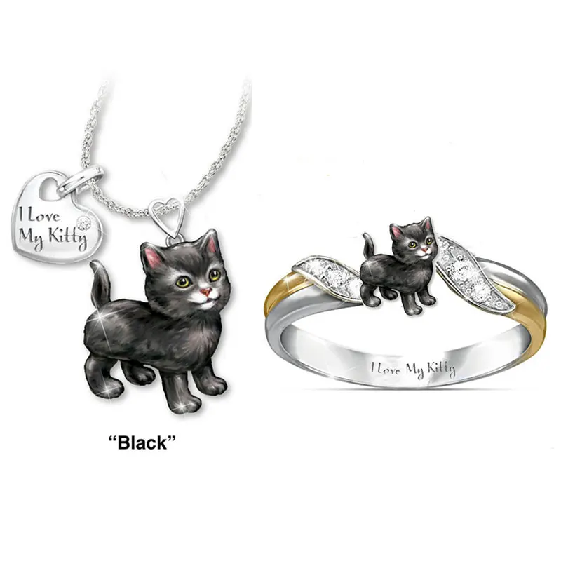 &quotI Love My Kitty&quot Cute Cat Jewelry Sets Cartoon Animal Necklace/Rings Sets&ampMore Statement Wedding Gifts | Украшения и