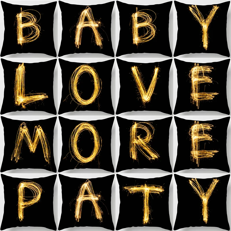 

Black Sparks English Alphabet Cushion Cover Golden Letter Throw Pillow Cover Living Room Decor Pillow Case Home Decoration 45*45