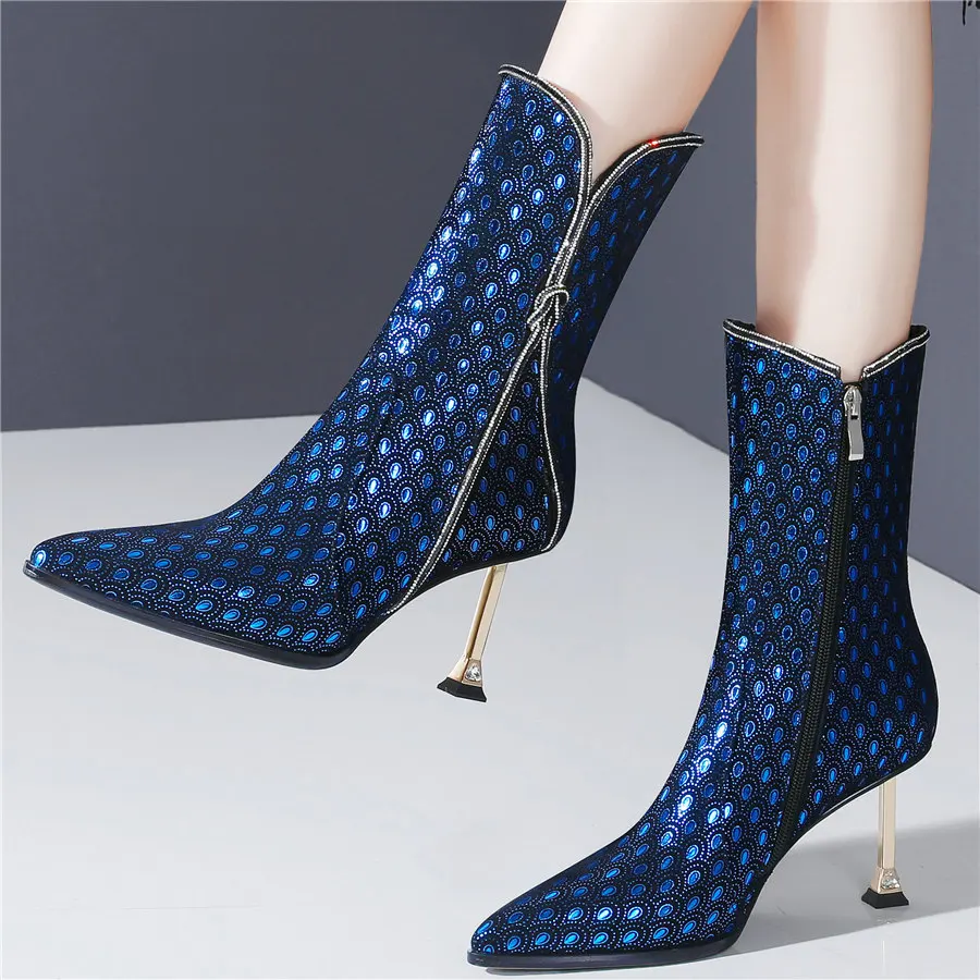

Bling Crystal Wedding Party Shoes Women Genuine Leather High Heel Platform Pumps Shoes Female High Top Pointed Toe Ankle Boots