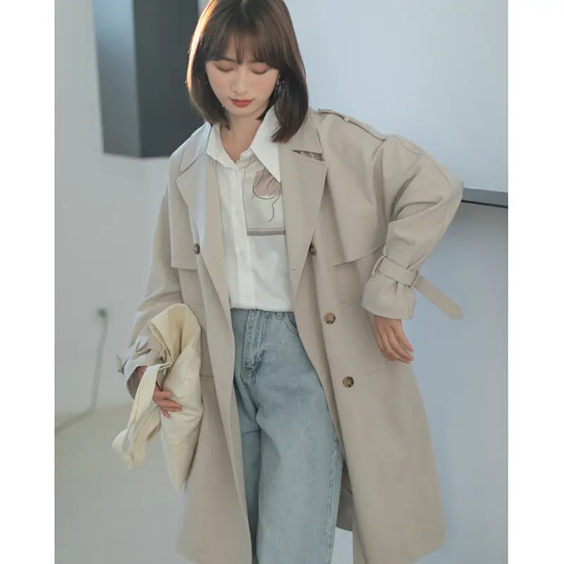 

Women trench coat France Vintage elegant Long Sleeve Solid color Loose Outwear with belt Chic Female windbreaker