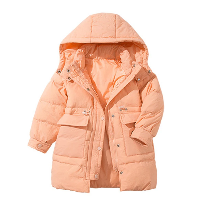 

Пуховик детский средней длины с капюшоном и большими карманами, 5 цветов