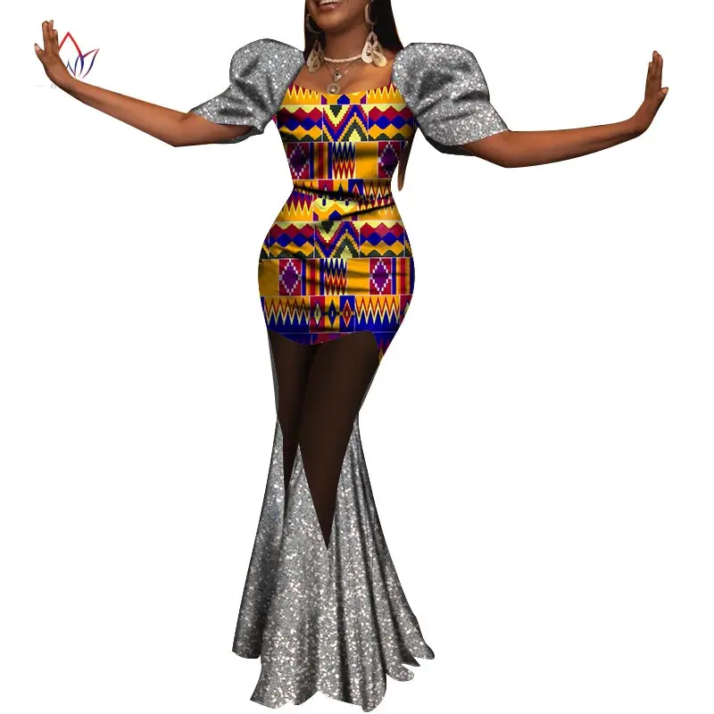 Bintarealwax Mermaid Dresses for Women Bazin Riche Sequined Print Wax Long Dresses Plus Size S-7XL Africa Clothing WY8869