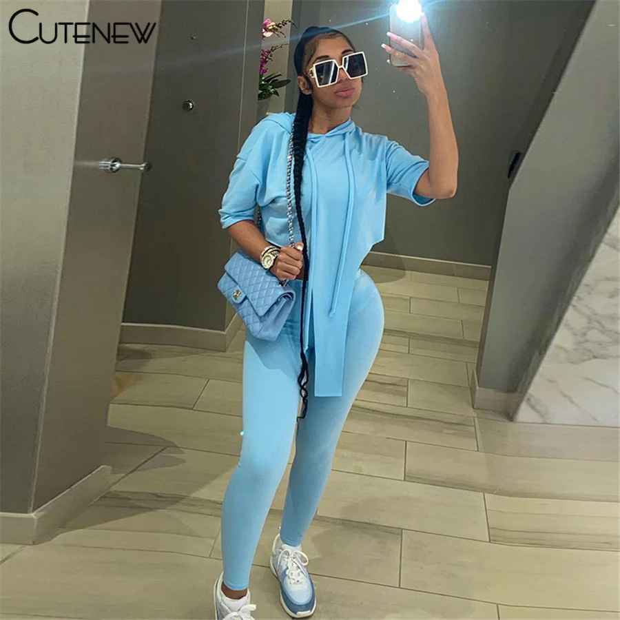 

Cutenew Summer 2 Piece Set Women Clothes Fitness Casual Hoodie Long T-Shirt+Body-Shaping Leggings Stretchy Activity Lady Outfits