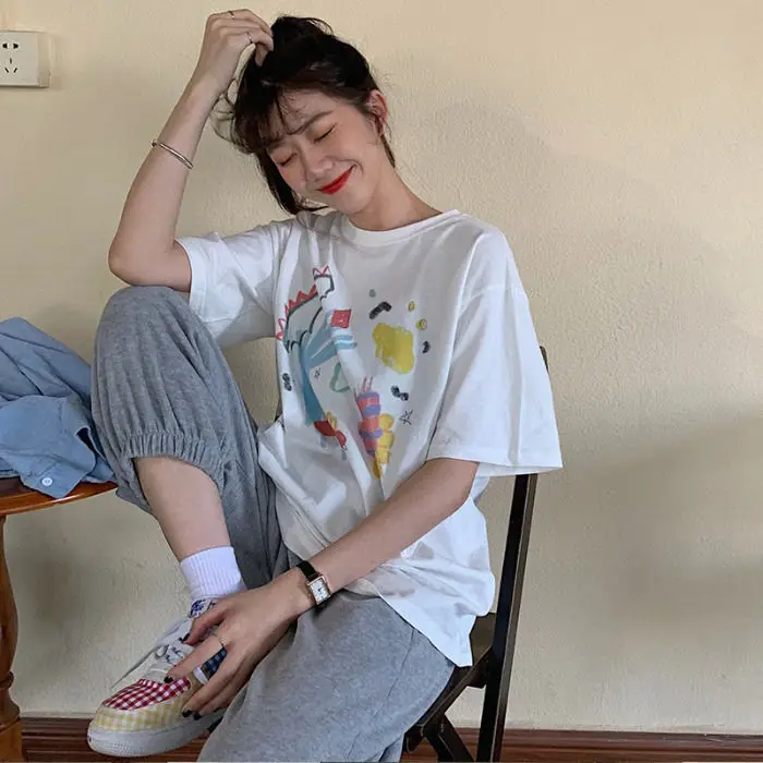 

Korean Graffiti Short Sleeve T-shirt Women Summer Japan Style Oversize Tee Shirts Schoolgirl Street Style Clothes