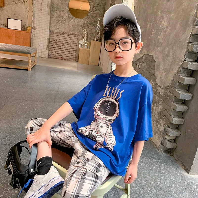 

New Teenager Boy Tracksuit Kids Clothing Set Cartoon Print Top & Plaid Pants Casual Short Sleeve Summer Boy Clothes 4 6 8 10 12Y