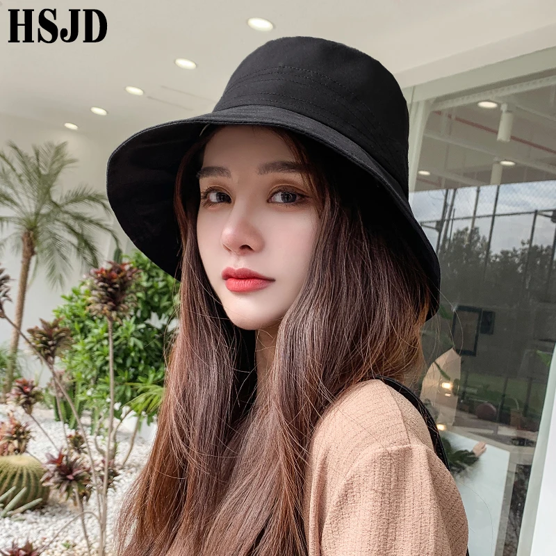 Summer Women Foldable Bucket Hat Solid Color Wide Brim Anti-UV Beach Cotton Sun Hats Female Panama Fisherman Hat Green Olives