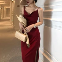womens dress french retro sexy red satin elegant fashion dress spring and autumn black long slim body pure color party dress