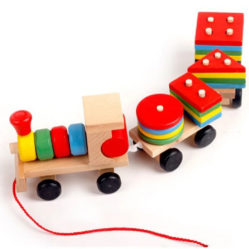 

2018 Hot EHBqna Fashion Kids Baby Developmental Toys Wooden Train Truck Set Geometric Blocks Baby Early Learning Toys New