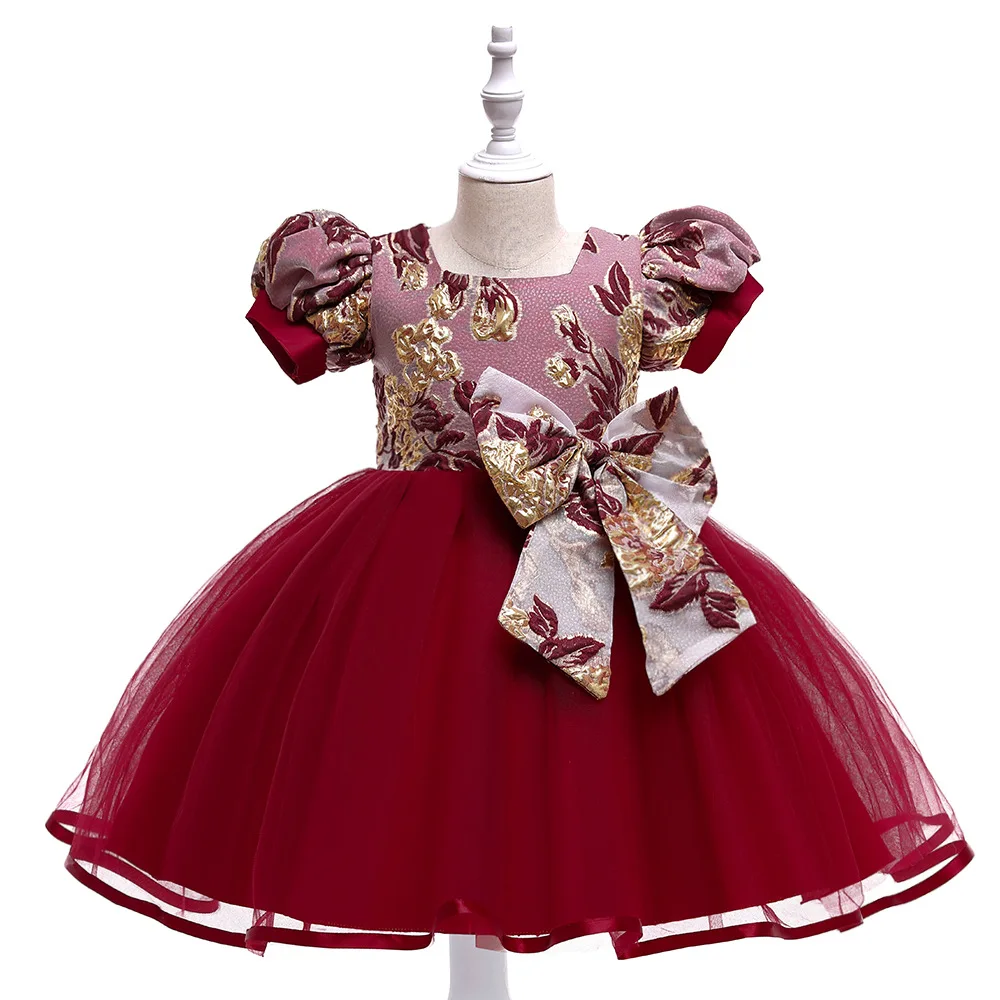 

Autumn New Elegant Big Bow Red Princess Dress For Children Girls Print Wedding Evening Ball Gown Korean Version Mesh Fomal Skirt