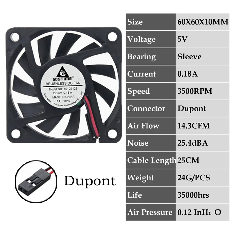 0.18A6010S5VDupont 2 шт. Gdstime 2Pin DC 5 в 12 В 24 в 24 вольт 6 см 60x60x10 мм 60 мм двойной шариковый подшипник Бесщеточный вентилятор охлаждения 60 мм x 10 мм кулер - Цвет лезвия: 0.18A6010S5VDupont