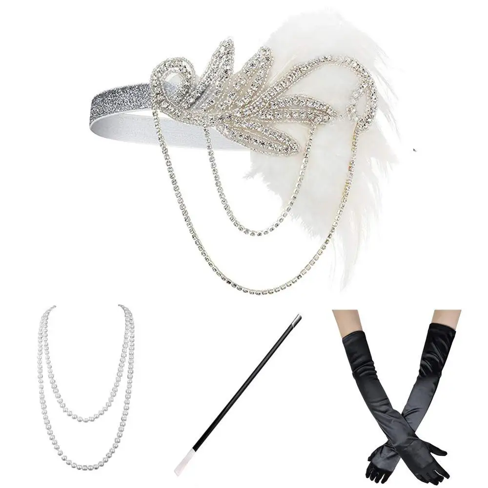 1920s костюм девушки-флаппера Gatsby аксессуары набор для женщин Ревущие 20 ободок с сережками ожерелье перчатки сигарета держатель золото, вино