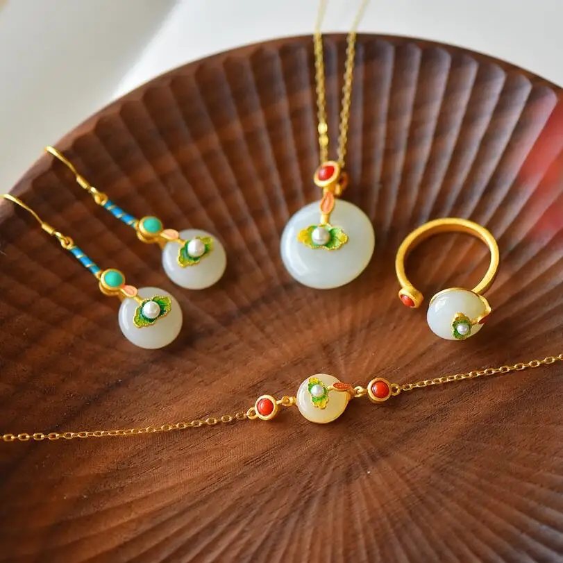 

KOFSAC Women Chinese Style Lotus Leaf Necklace Earrings Ring Bracelet Set Gold Color Jewelry Round Crystal Anniversary Gifts