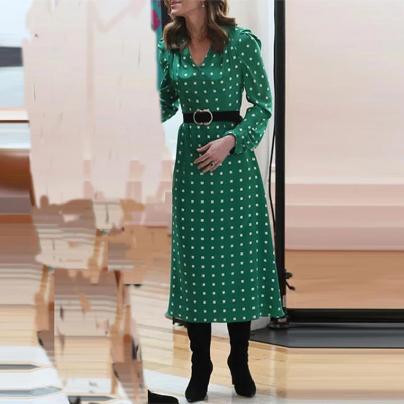 

2021 Autumn Midi Dress Fashion Designer Green Dot Printed Long Sleeve Belt Elegant Office Lady Dresses