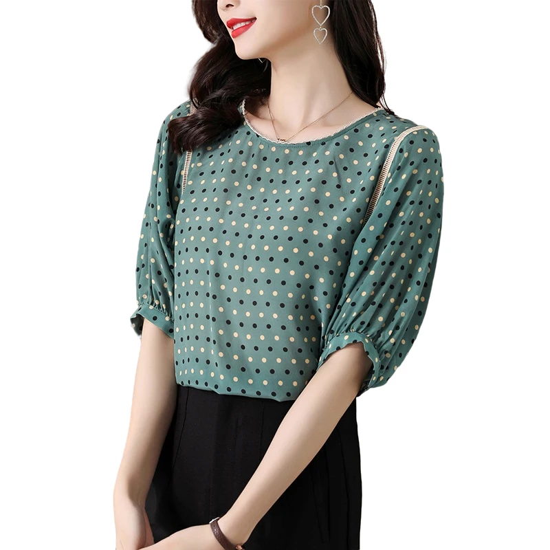 

COIGARSAM Fashion Print blouse women New Summer Loose Polka Dot Lantern Sleeve blusas womens tops and blouses Green 9230