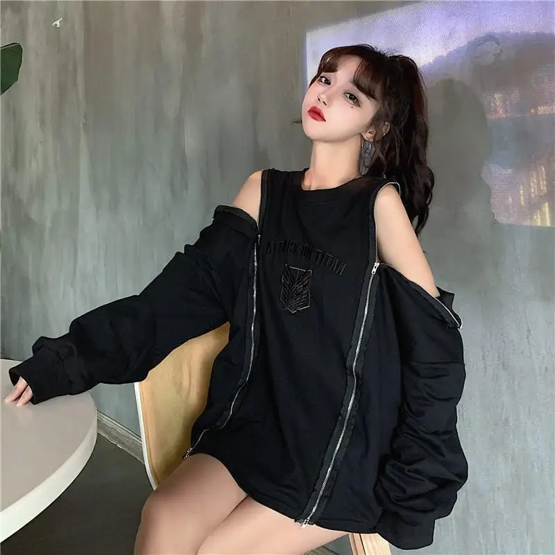 

2021 spring new European pullover harasuki design off shoulder zipper top women's care machine long sleeve T-shirt
