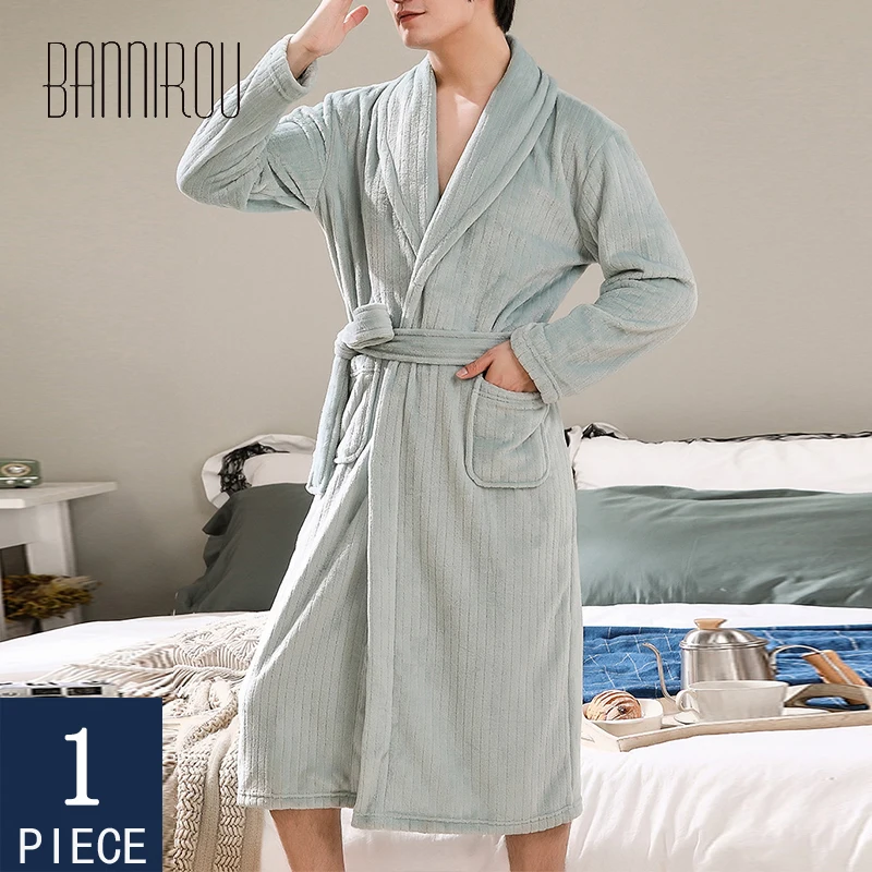 

BANNIROU Men's Bathrobes Winter Man Bathrobes Striped Flannel Men's Robes High Quality Male Home Clothes Bathrobe For Man 2021