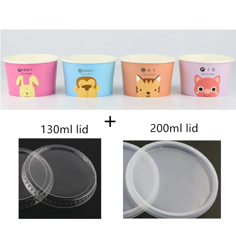 cup and lid 50 шт цветная одноразовая бумажная миска для мороженого с мультяшными животными 130 мл/200 мл круглая чашка для десерта, пирога, йогурта, фруктового пудинга с крышкой - Цвет: cup and lid