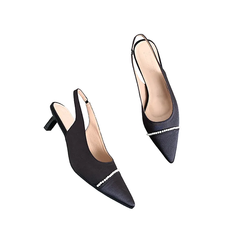 

Slippers Casual Shallow Thin Heels Female Shoes Pointed Toe Slides String Bead Med Luxury 2021 Summer Cover Fashion Fabric PU Si