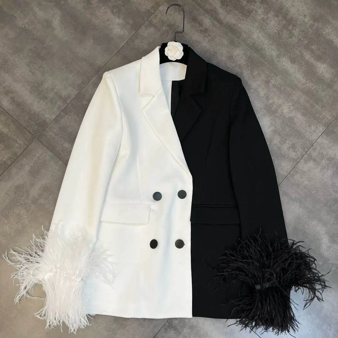 

ZCSMLL Spring 2022 Lapel Long-sleeved Black and White Color Matching Cuffs Ostrich Hair Is Thin and Sweet Cool Suit Jacket Trend