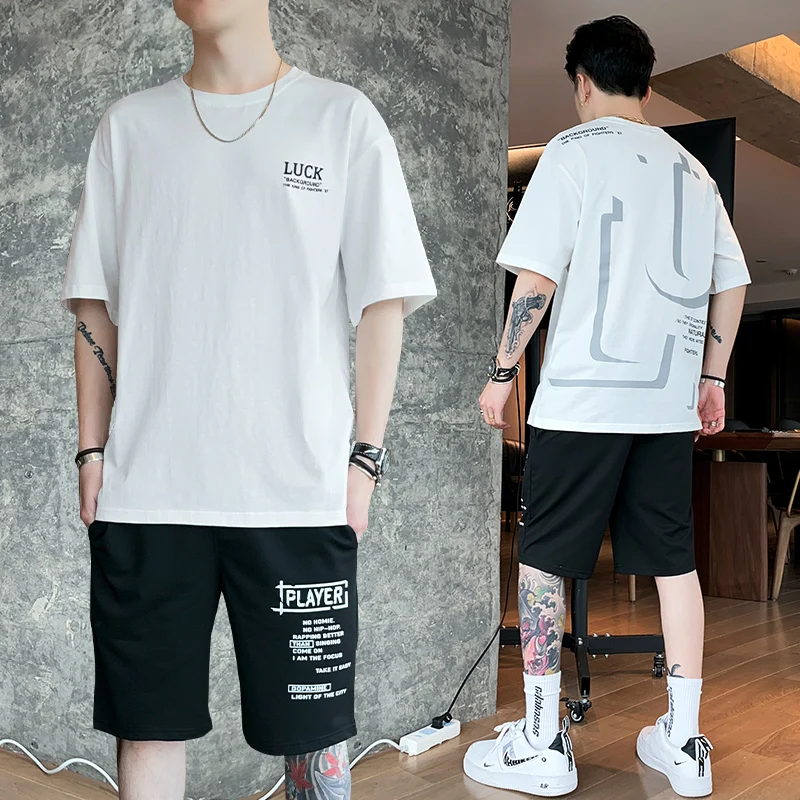 

Mens Joggers Set Printed Two Piece Set Summer Cotton T-shirt and Shorts Male Tracksuit 2021 Fashion New Oversize Mens Clothes