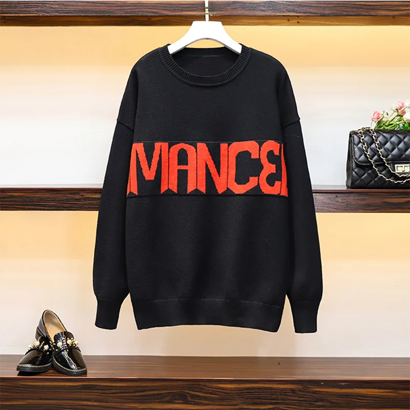 

Black Letter Loose Knitted Plus Size Sweaters Women Autumn Winter Casual Long Lleeve Female Pullover New Fashion Woman Jumper