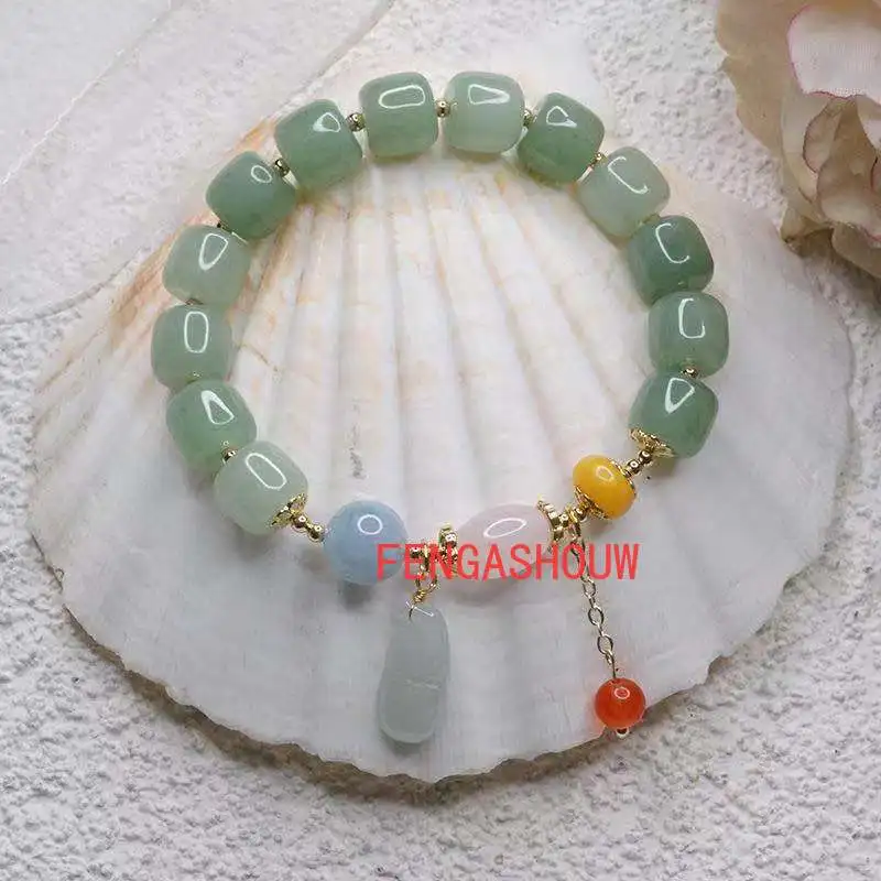 

Vintage Cinnabar Jade Gourd Pendant Pink Crystal Natural Green Jades Beaded Strand Bracelets Women Fashion Jewelry
