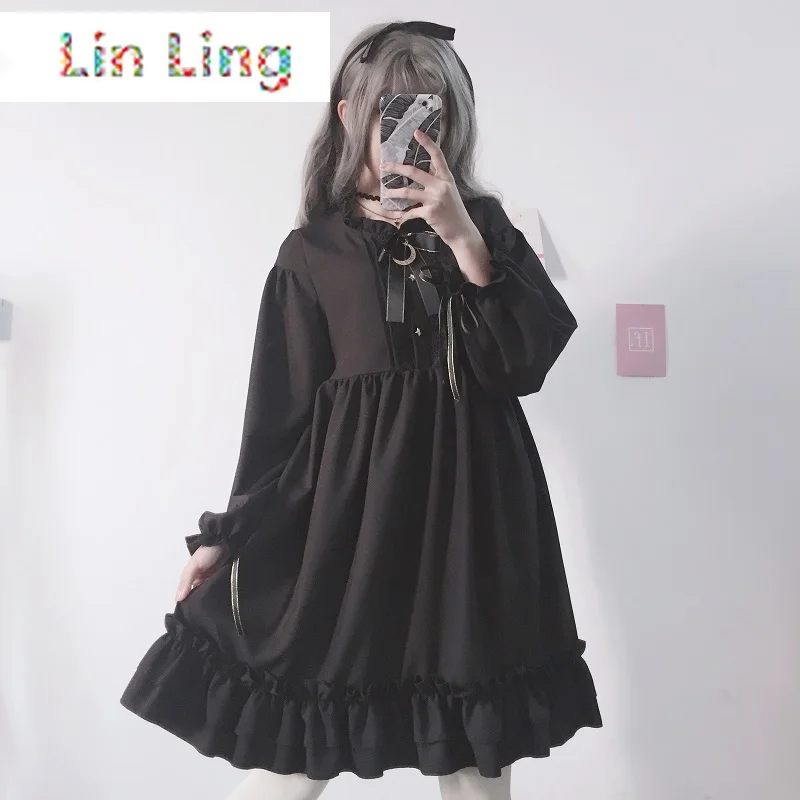

LinLing 2021 Japanese Gothic Summer Chiffon Dress Women Vintage Bow Bandage Ruffle Black Lolita Dresses Vestidos Robe Femme