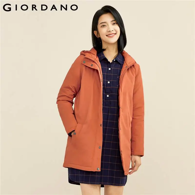 

Женское однотонное пальто Giordano средней длины с капюшоном и косыми карманами, ветрозащитные повседневные куртки 13371830