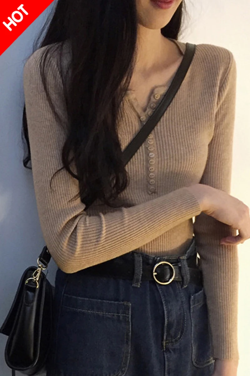 

Black V-neck Sweaters 2019 Autumn Long Sleeve Solid Color Button Knit Pullover Fashion All-match Korean Clothes 7 Colors