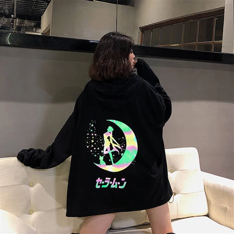 Японские Мультяшные Светоотражающие толстовки в стиле Харадзюку Женская