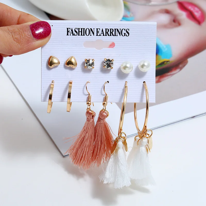 6 пар/уп. модные серьги наборы сердце стразы имитация жемчуга кисточка 2018 для