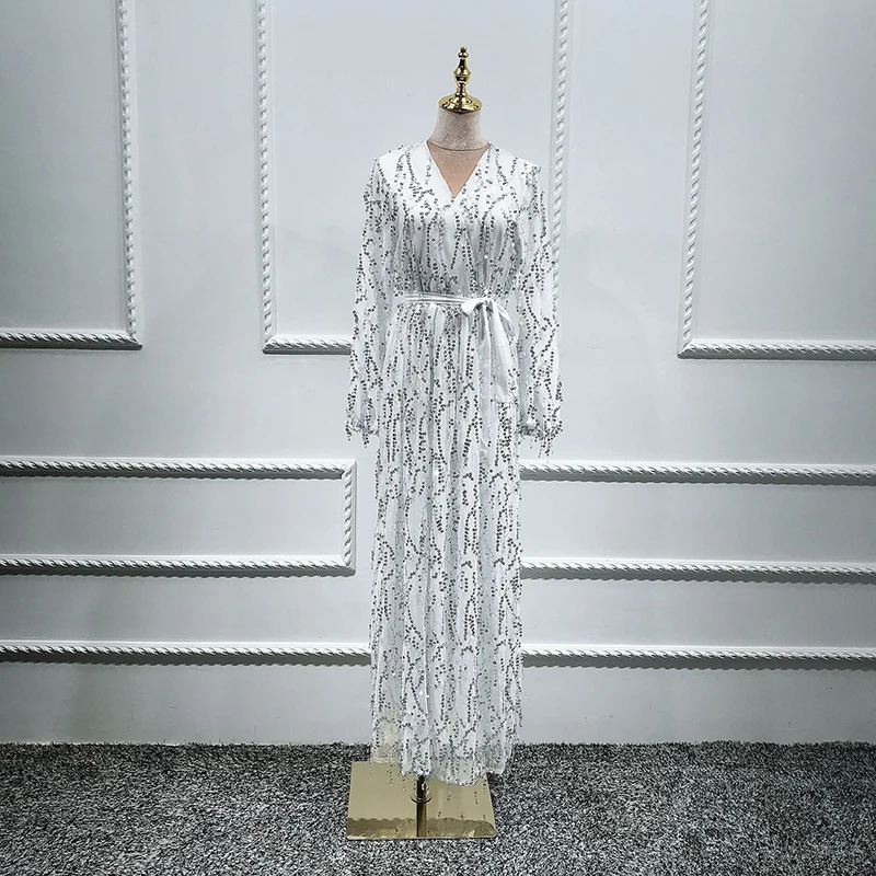 White long dress Блесток абайя Турция исламский, Арабский мусульманский хиджаб платье Caftan Дубай Кафтан Morocco Tesettur Elbise одеяние мусульмане Longue Vestidos - Цвет: White long dress