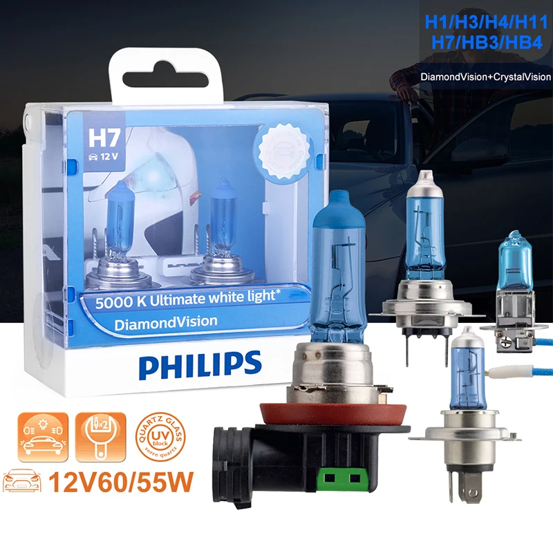 Оригинальные галогеновые лампы Philips H7 H4 H3 H1 H11 H8 HB3 HB4 9005 9006 Diamond Vision 5000K