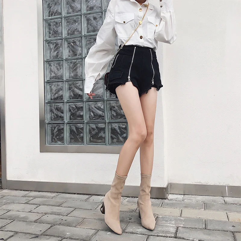 

2019 new medium high waist double zipper split shorts Korean version woolen denim fashion shorts sexy hot pants
