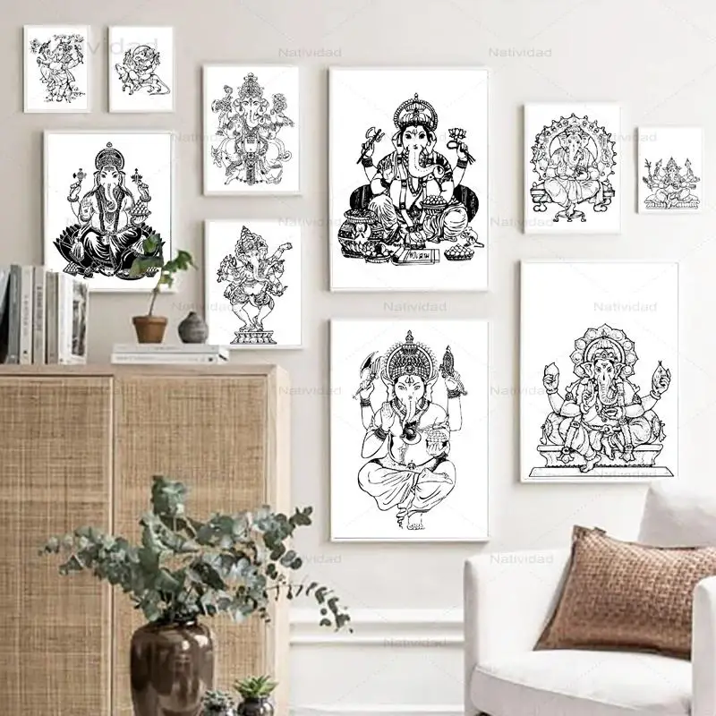 

Hinduism Wall Art Prints Hindu God Ganesha Mask Posters Religion Symbol Art Canvas Painting Black White Pictures Home Decor