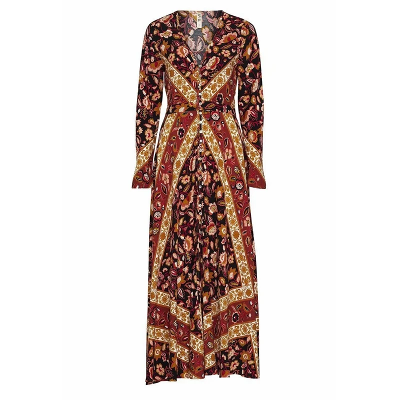 

WEPBEL Bohemian Dress Women's Casual Printed Dress Spring Autumn Long Sleeve Slim Fit Single-Breasted V-neck Pleated Dress