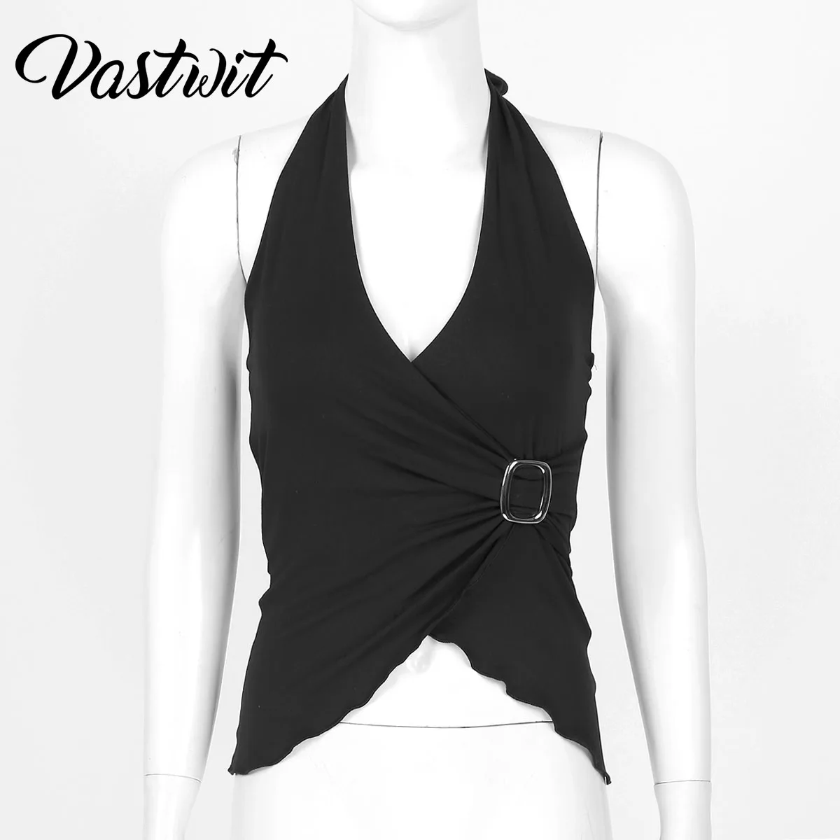 

Women Black Halter Crop Top Sleeveless Elegant Buckle Decor Asymmetric Hem Vest Hot Y2K E-Girls Streetwear