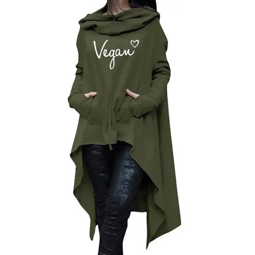 

Hoodies For Women Long Irregular Hem Retro Sweatshirt VEGAN Letters Print Sweatshirt Vegans Pocket Sweatshirt Hoodies