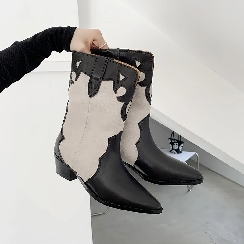 

European and American mixed color pointed toe women's ankle boots PU thick heel short boots women's knight boots punk style