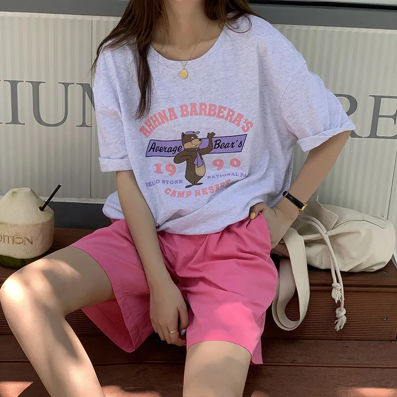 Short-sleeved Round Neck T- Shirt Women O-neck Tees Print 2021 Summer Korean Version Loose Cartoon Age Casual Average Size Tops