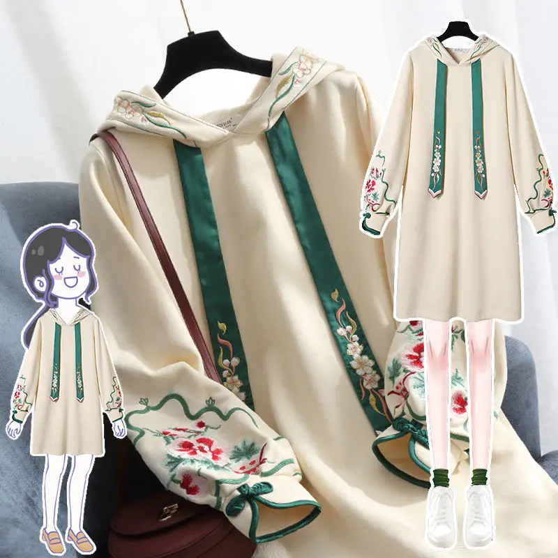 

Chinese Hoodies Harajuku Style Cheongsam Dress Autumn Clothing New Plus Velvet Thicken Sweatshirt Vestido Robe Longue Femme