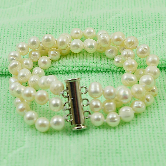 

Handmade Real Pearl Bracelet Potato Round White Color 3 Rows Genuine Freshwater Pearl Magnet Clasp Charming Women Gift Jewelry